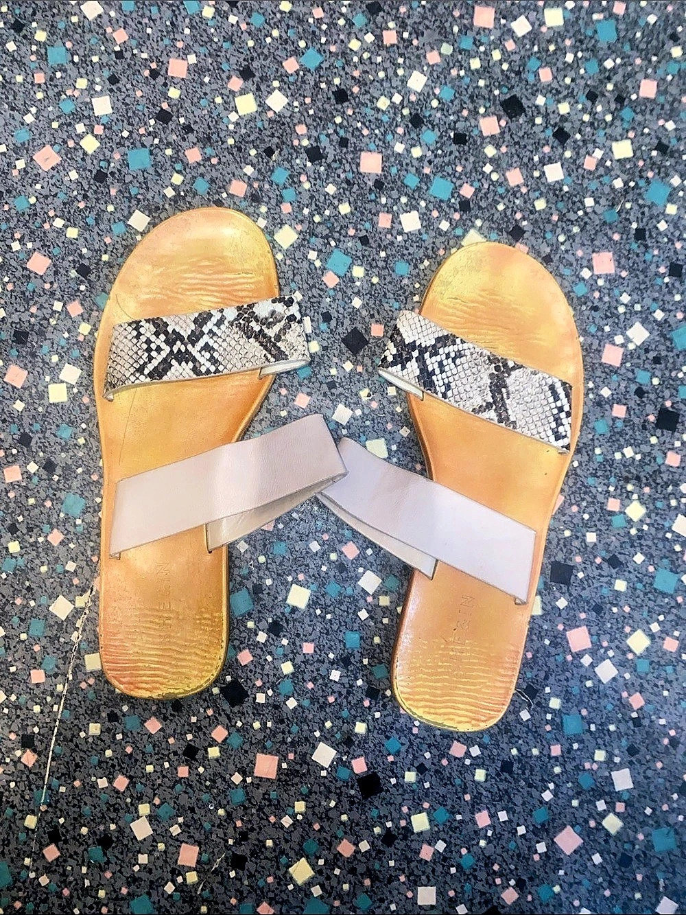 Animal Print Slide Sandals in White & Brown
